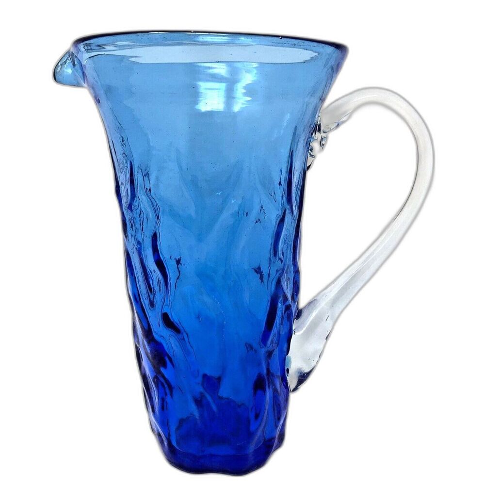 Studio Art Glass Pitcher Hand Blown Textured Ombre Blue Clear Handle 7" Tall